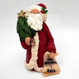Handcrafted 2003 Santa Figurine With Christmas Tree & Star Clay Ceramic Signed